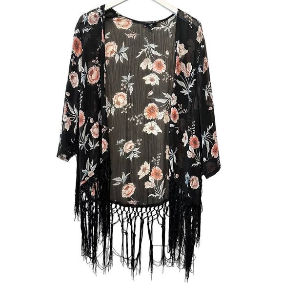 Torrid Size 0 or Large Floral Fringe Hem Sheer Fringe Kimono Cardigan Black Boho - Picture 2 of 9